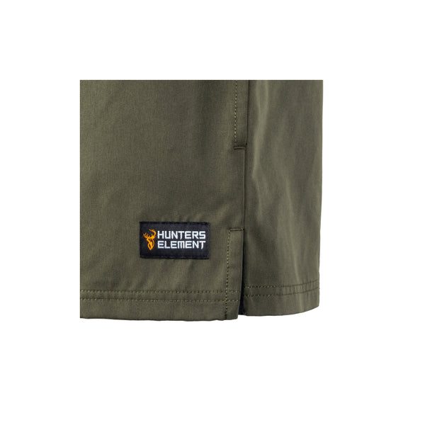 Forest Green | Hunters Element Mainstay Stubbies Image Showing Close UP View Of The Logo On The Front Of The Stubbies.