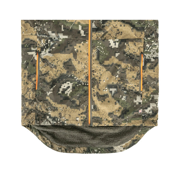 Desolve Veil Camo |  Hunters Element Mens Acclimate Hood Image Showing Close Up Of The Bottom Of The Jacket, All Zippers Closed.