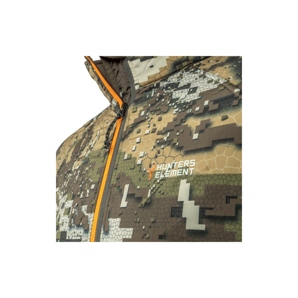 Desolve Veil | Hunters Element Men's Acclimate Top Image Showing Close Up View Of The Chest Logo, And Zipper.