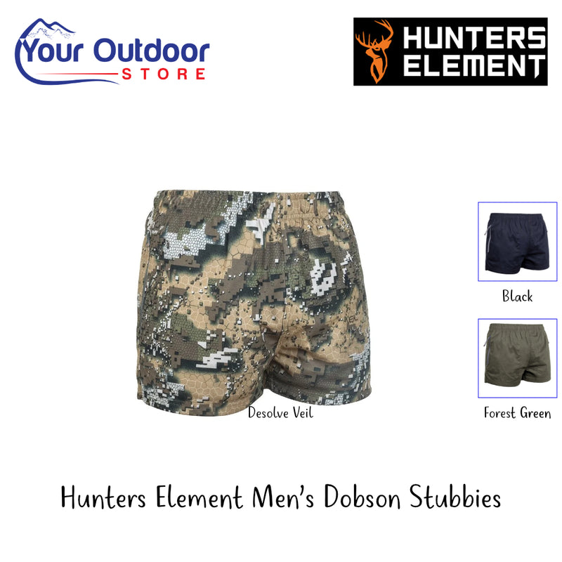 Hunters Element Mens Dobson Stubbies | Hero Image Showing All Logos, Titles And Variants.