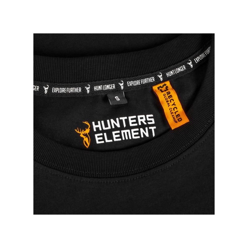 Black | Hunters Element Mens Sign Tee | Image Showing Close UP View Of The Neck Seam And Inner Tags.
