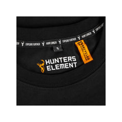 Black | Hunters Element Mens Sign Tee | Image Showing Close UP View Of The Neck Seam And Inner Tags.