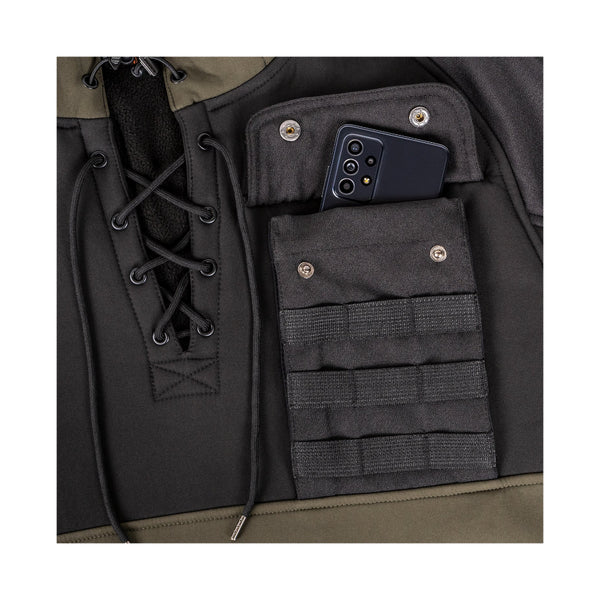 Black/Forest Green | Hunters Element Mens Tusk Bush Coat Image Showing Close Up View Of The Chest Pocket, With The Anchorlok Webbing In View.