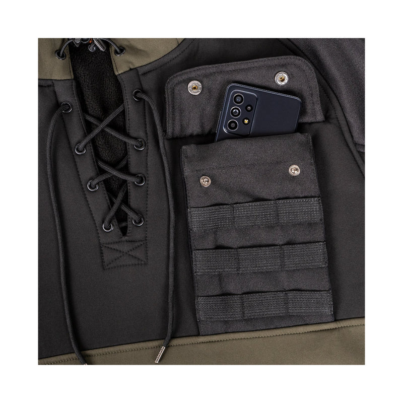 Black/Forest Green | Hunters Element Mens Tusk Bush Coat Image Showing Close Up View Of The Chest Pocket, With The Anchorlok Webbing In View.