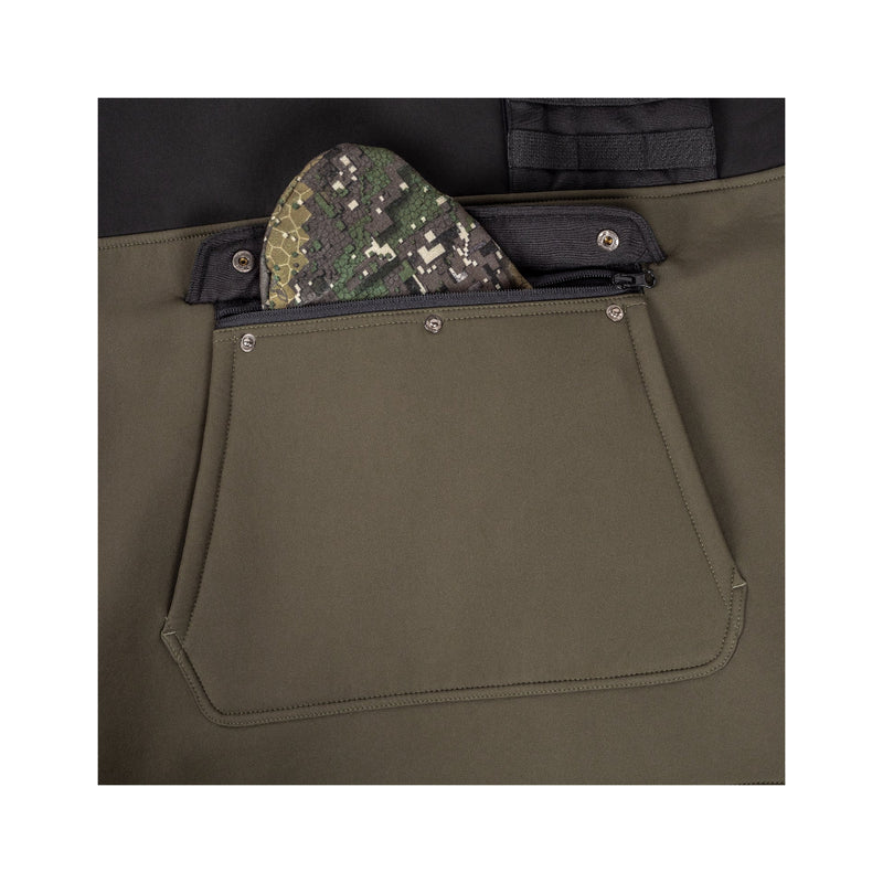 Black/Forest Green | Hunters Element Mens Tusk Bush Coat Image Showing Close Up View Of The Kangaroo Pocket.