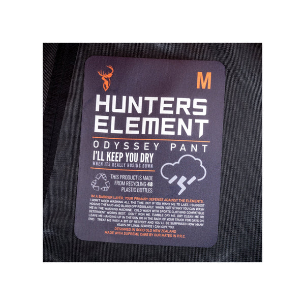 Forest Green | Hunters Element Mens 
Odyssey Pant Image Showing Close Up View Of Tag And Information.