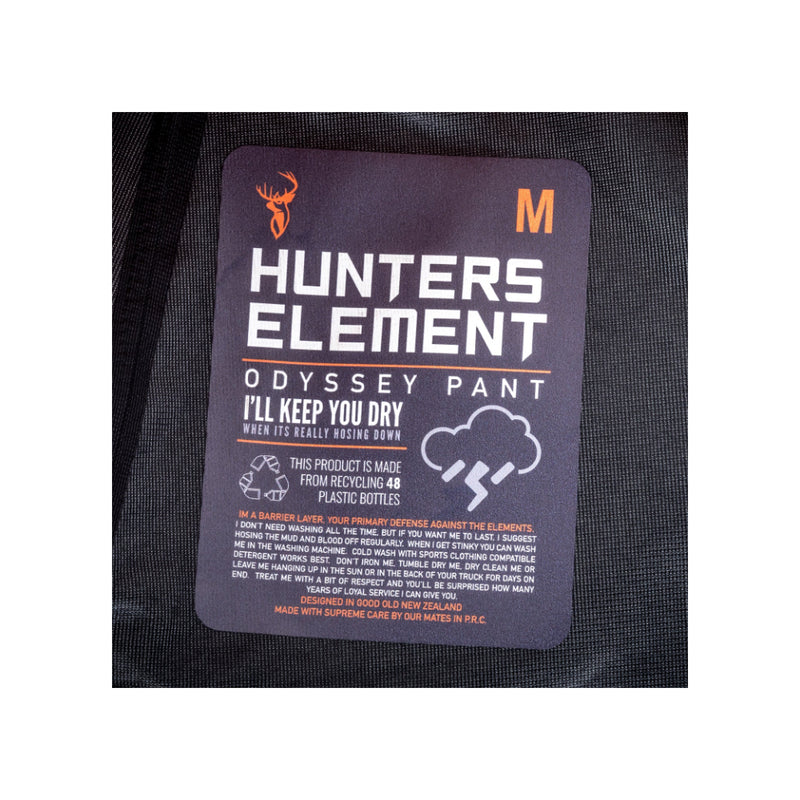 Forest Green | Hunters Element Mens 
Odyssey Pant Image Showing Close Up View Of Tag And Information.
