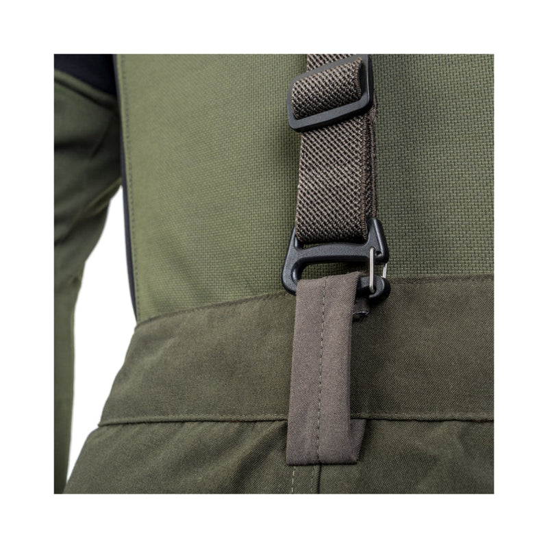 Grey | Hunters Element Odyssey Trouser Braces Image Displaying Close Up View Of spring loaded attachment hardware, Attached To Belt Loop, Hardware Closed.