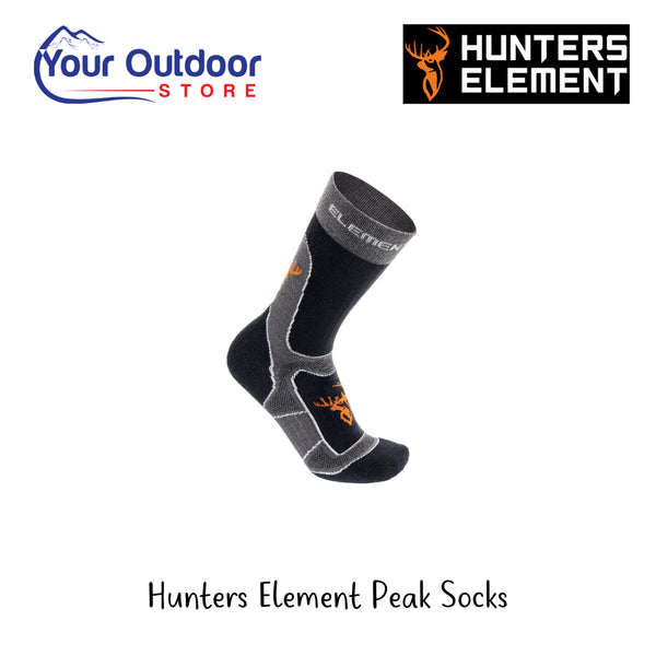 Hunters Element Peak Socks | Hero Image Showing All Logos And Titles.