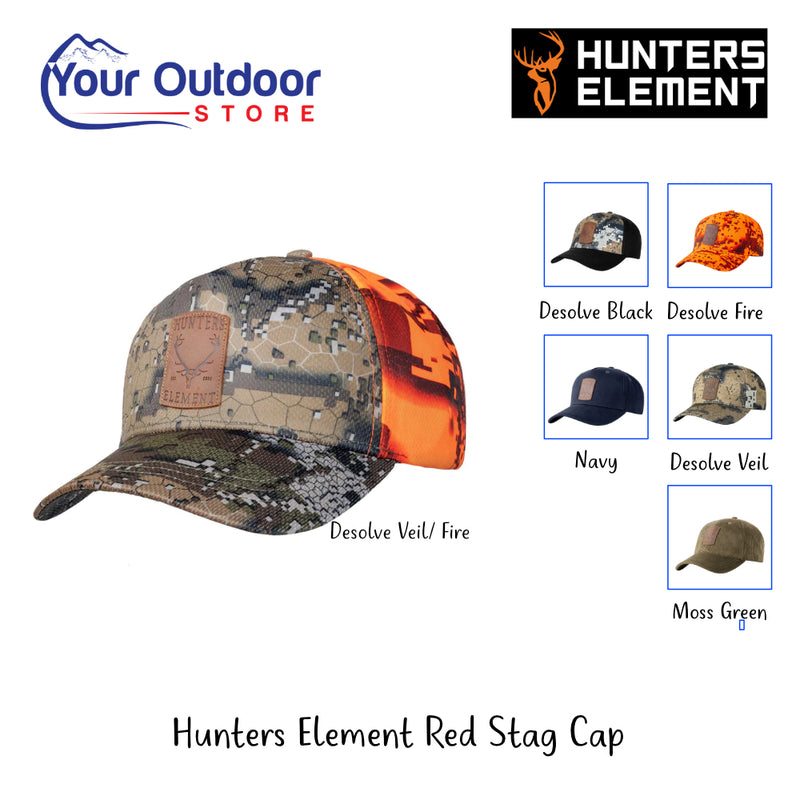 Hunters Element Red Stag Cap | Hero Image Showing All Logos, Titles And Variants.