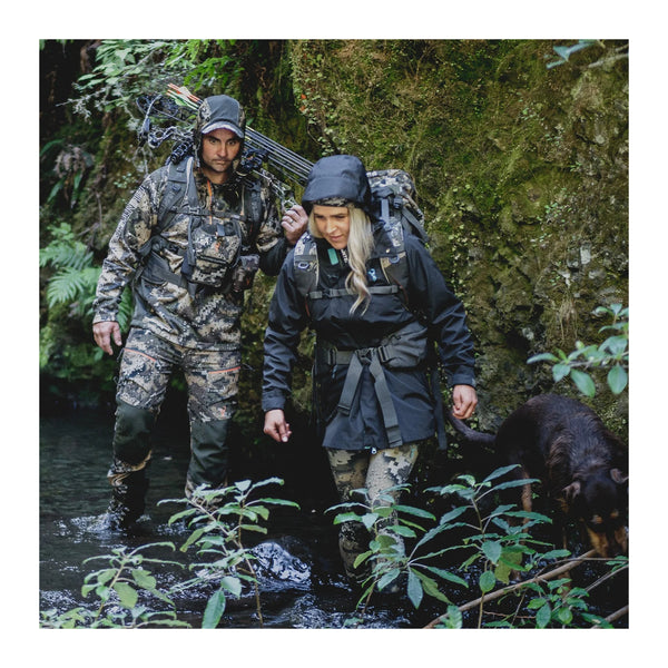Black | Hunters Element Storm Jacket. Front View on Model Hunting.