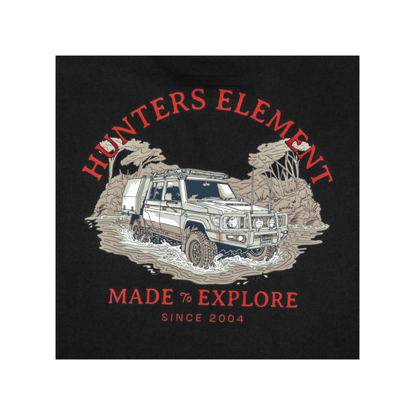 Black | Hunters Element Tee River Cruiser Image Showing Close Up View of The Logo On The Back Of The Tee.