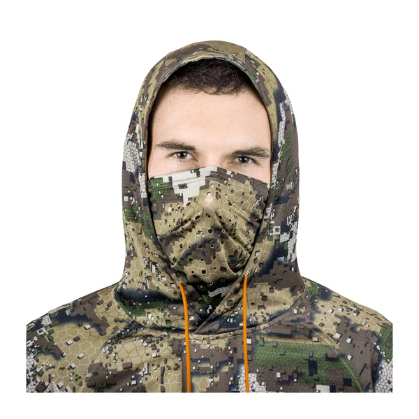 Desolve Veil Camo | Close Up Front View With Hood Up and Face Veil.