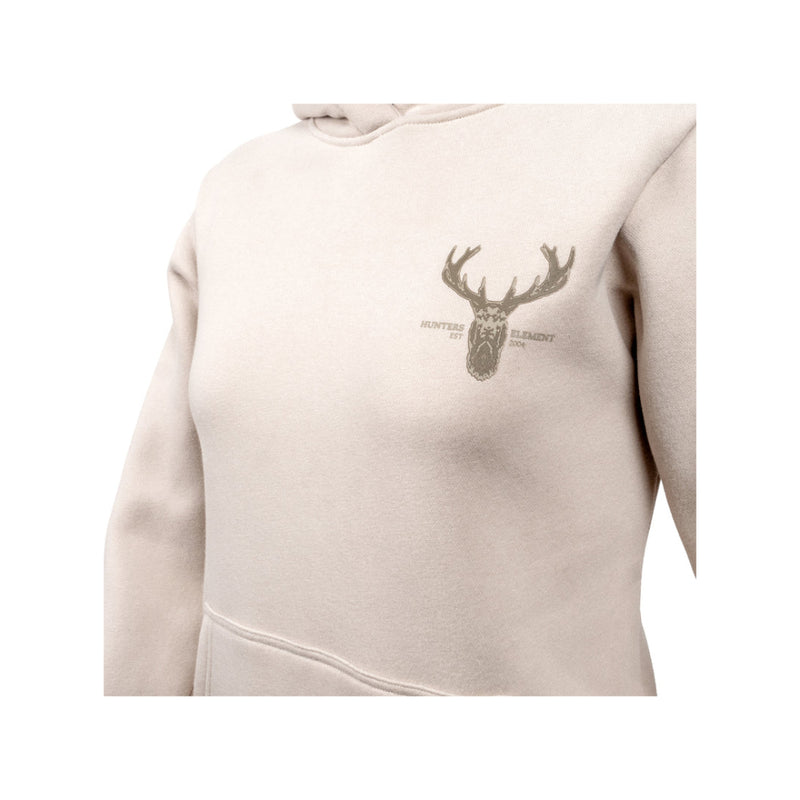 Oat | Hunters Element Womens Alpha Stag Hoodie Image Showing Close Up View Of Logo.