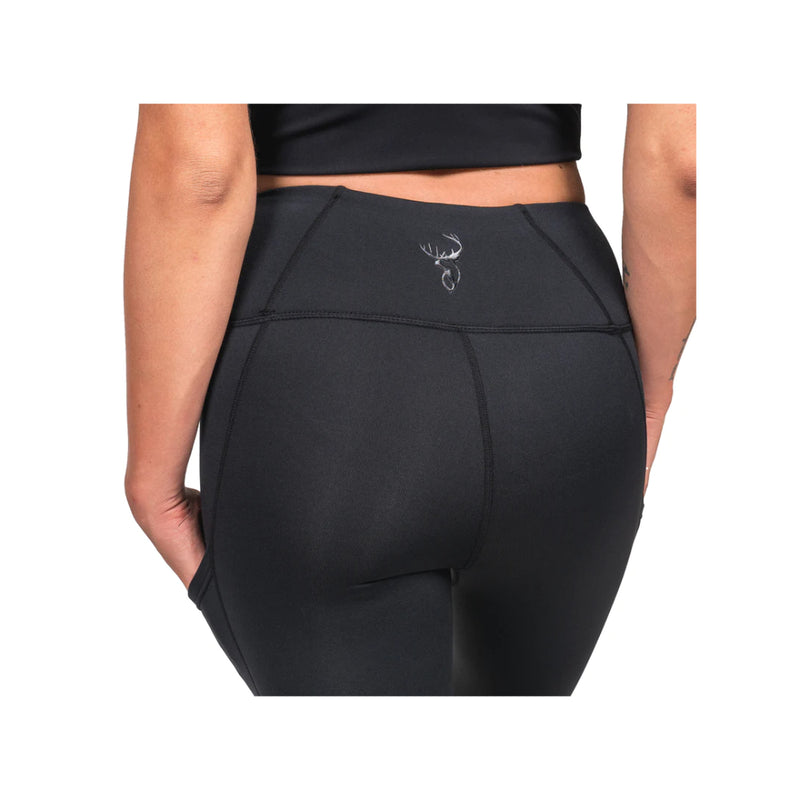 Black | Hunters Element Women's Ice Leggings Image Displaying Close Up View Of The Back, With Logo.