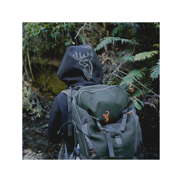 Black | Hunters Element Womens Legacy Jacket Image Showing Model Wearing The Jacket , View From Behind Hood Up.