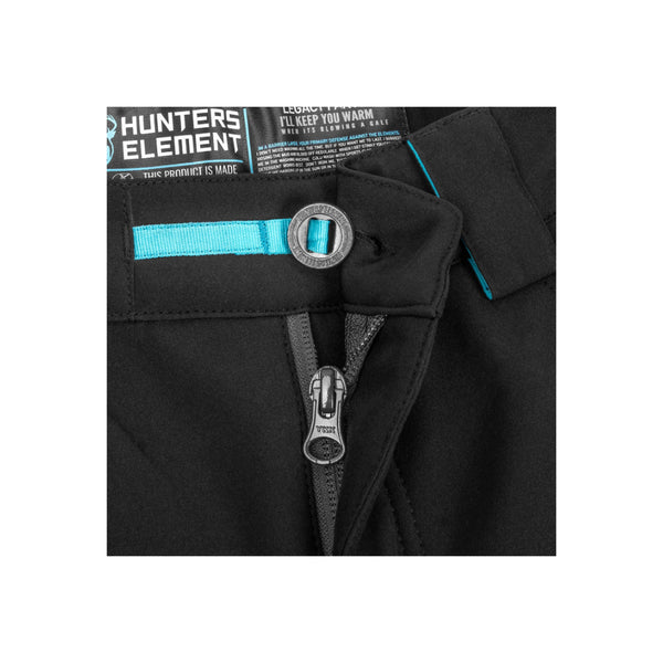 Black | Hunters Element Women's Legacy Pants Image Showing Close Up View Of Waist Zipper And Button.
