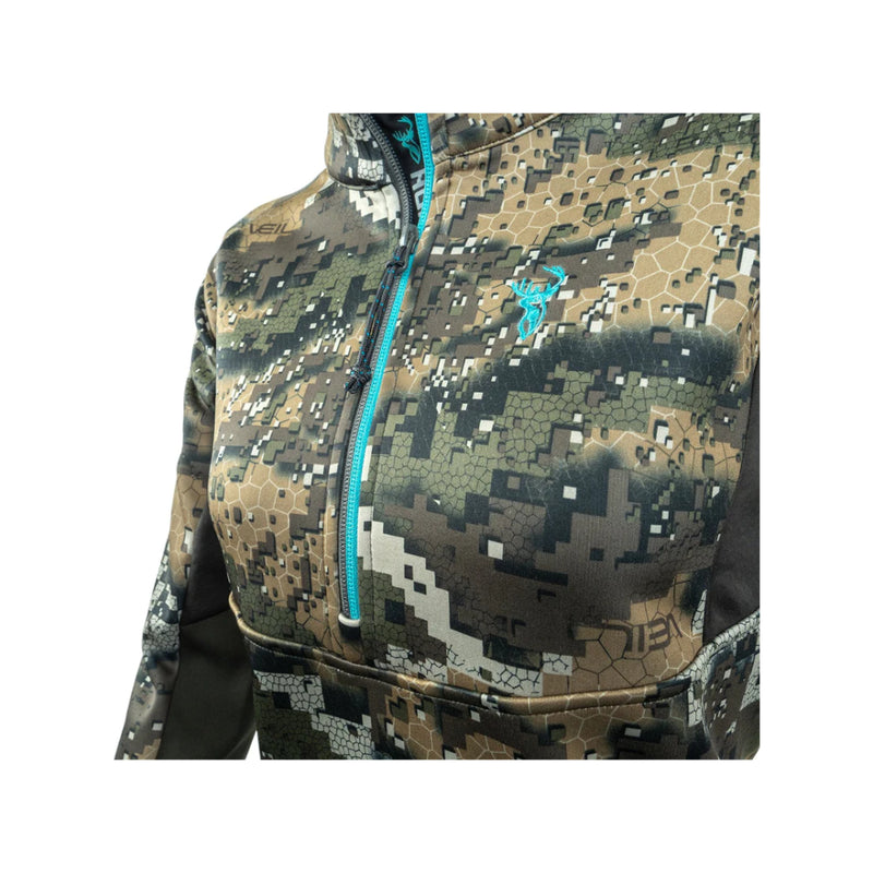 Desolve Veil | Hunters Element Zenith Womens Top Image Displaying Close Up View Of Half Zip And Logo.