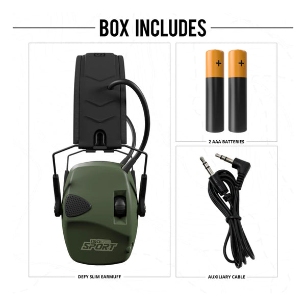 Green | ISO Tunes Sports Defy Slim Passive Hearing Protection Earmuffs Image Showing What Is Included In The Box.