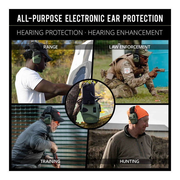 Green | ISO Tunes Sport Defy Slim Passive  Hearing Protection Earmuffs Image Showing Uses For The Earmuffs.