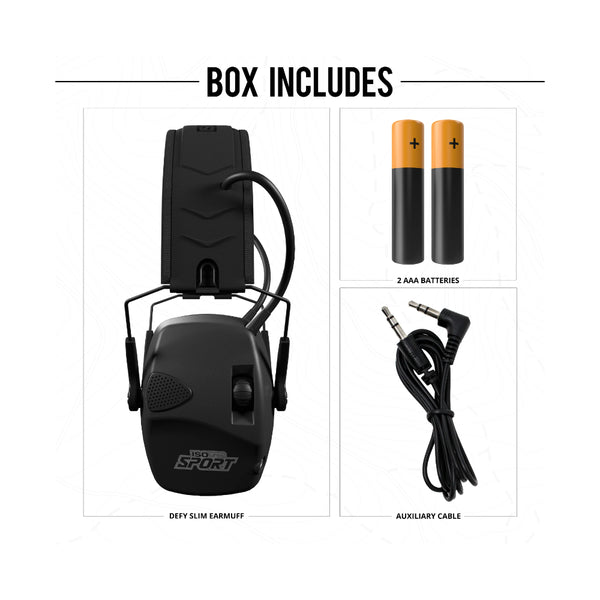 Black/Green | ISOtunes Defy Slim Basic Electronic Shooting Earmuffs Image Showing What Is Included In The Box.