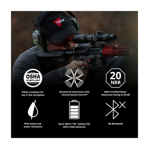 Black/Green | ISOtunes Defy Slim Basic Electronic Shooting Earmuffs Image Showing Features Of The Earmuffs.