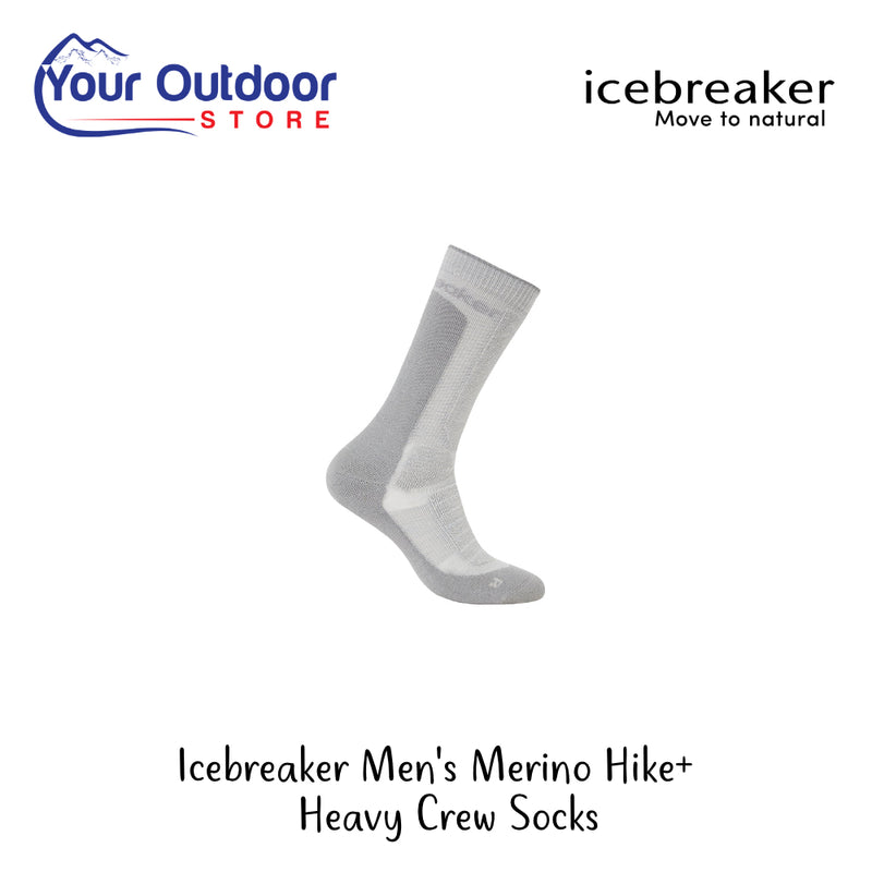 Icebreaker Mens Merino Hike+ Heavy Crew Socks | Hero Image Showing All logos And Titles.