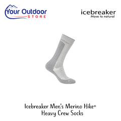Icebreaker Mens Merino Hike+ Heavy Crew Socks | Hero Image Showing All logos And Titles.