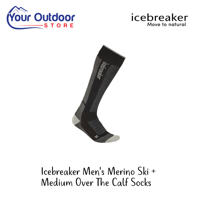 Icebreaker Men's Merino Ski+ Medium Over The Calf Socks | Hero Image Showing All Logos And Titles.