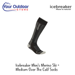Icebreaker Men's Merino Ski+ Medium Over The Calf Socks | Hero Image Showing All Logos And Titles.