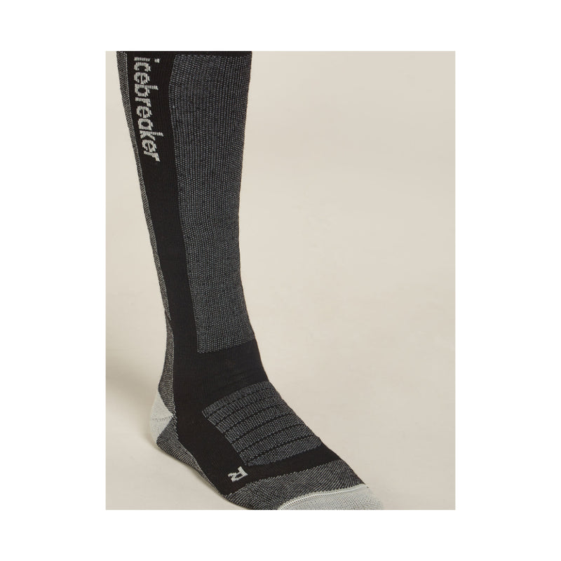 Black/Grey | Icebreaker Men's Merino Ski + Men's Medium Over The Calf Socks Image Showing Inside Angle Of The Right Sock.