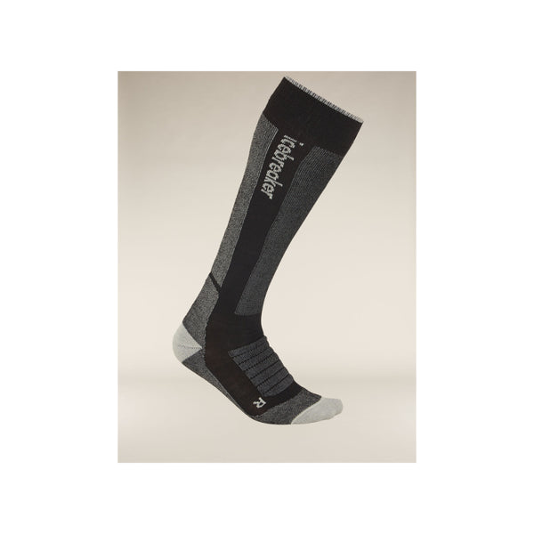 Black/Grey | Icebreaker Men's Merino Ski + Men's Medium Over The Calf Socks Image Showing Single Sock, Outside View.