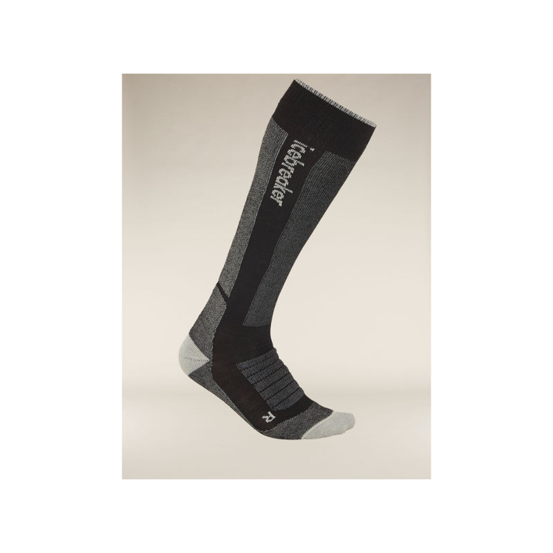 Black/Grey | Icebreaker Men's Merino Ski + Men's Medium Over The Calf Socks Image Showing Single Sock, Outside View.