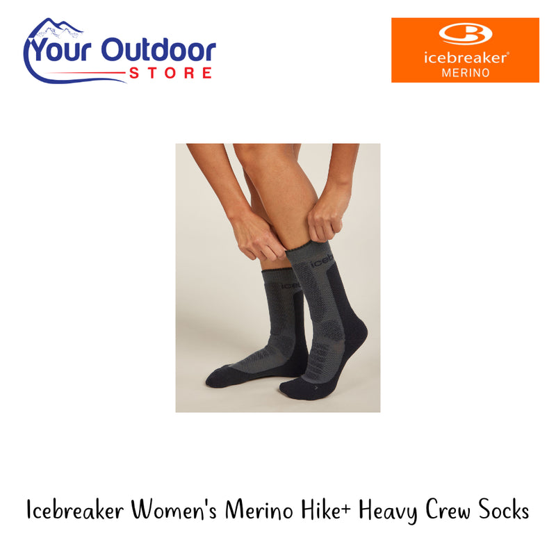 Icebreaker Women's Merino Hike + Heavy Crew Socks | Hero Image Showing All Logos And Titles.