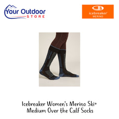 Icebreaker Women's Merino Ski + Medium Over The Calf Sock | Hero Image Showing All Logos And Titles.