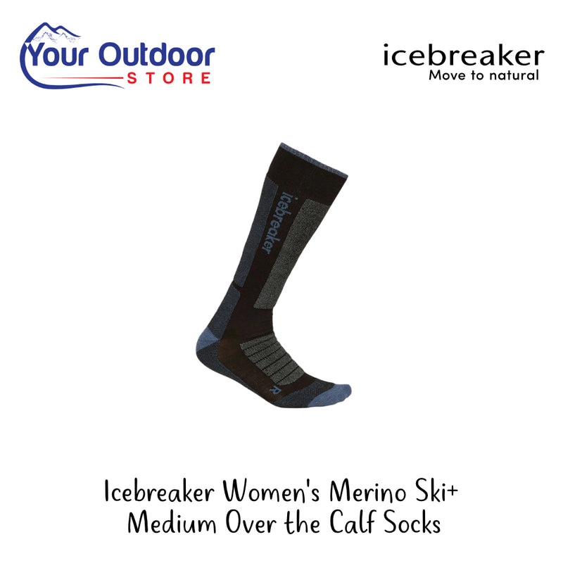 Icebreaker Womens Merino Ski+ Medium Over The Calf Socks | Hero Image Showing All Logos And Titles.