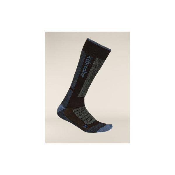 Black/Blue | Icebreaker Women's Merino Ski + Medium Over The Calf Socks Image Showing View Of The Right Sock.