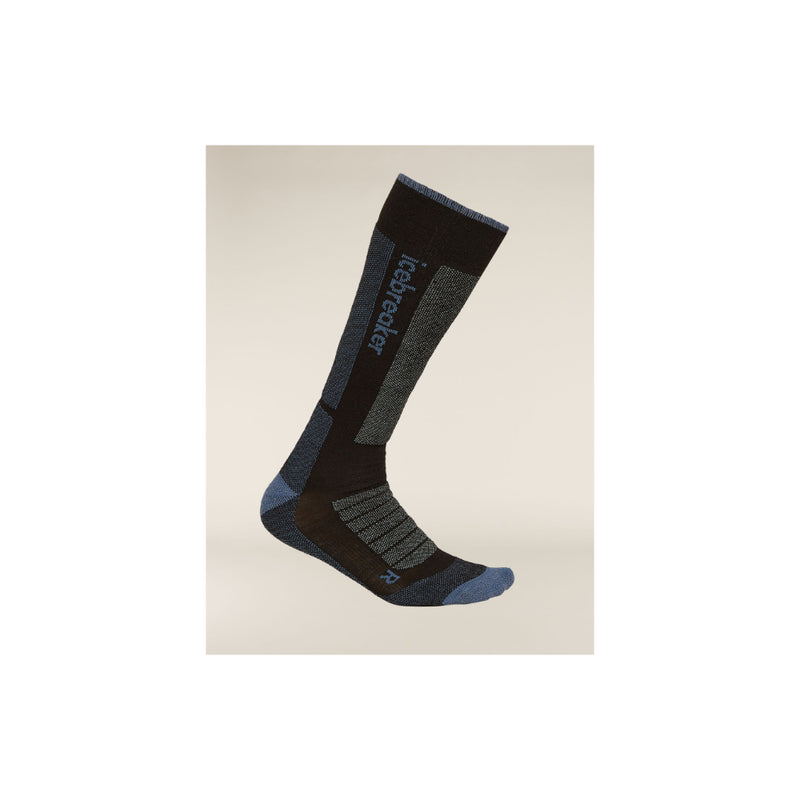 Black/Blue | Icebreaker Women's Merino Ski + Medium Over The Calf Socks Image Showing View Of The Right Sock.