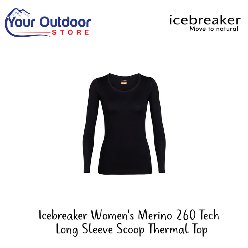 Icebreaker Women's Merino 260 Tech Long Sleeve Scoop Thermal Top | Hero Image Showing All Logos And Titles.