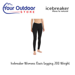 Icebreaker Womens Oasis Legging 200 Weight. Hero Image Showing Logos and Title. 