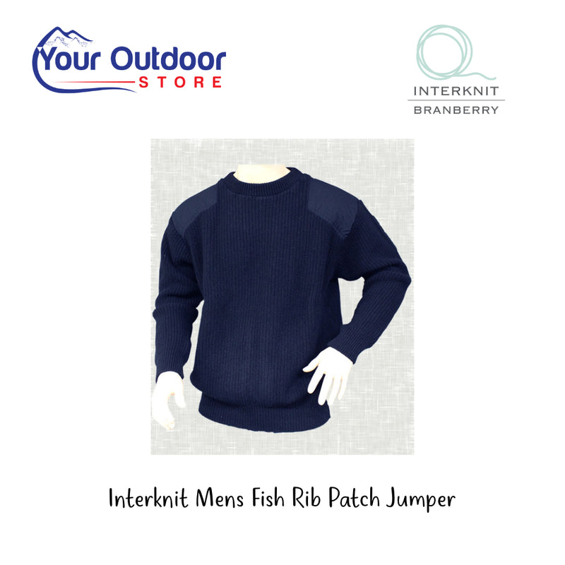 Interknit Men's Fish Rib Patch Jumper. Hero Image Showing Logo and Title. 
