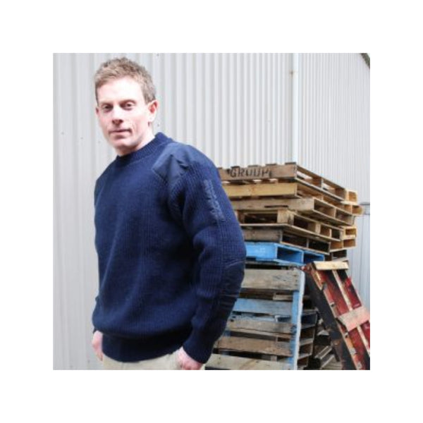 Navy | Interknit Men's Fish Rib Patch Jumper, Shown on Model.