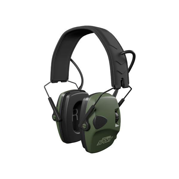 Black/Green | ISOtunes Defy Slim Basic Electronic Shooting Earmuffs Image Showing Angle Front, Left Side View.