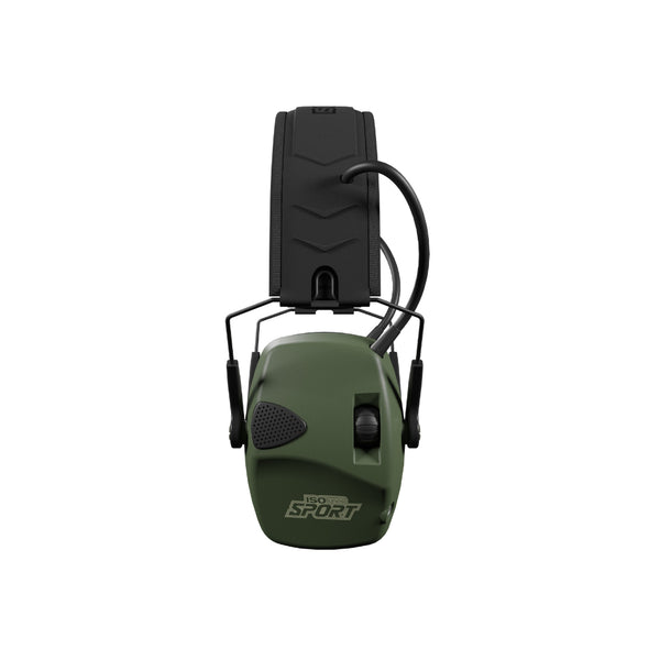 Black/Green | ISOtunes Defy Slim Basic Electronic Shooting Earmuffs Image Showing Left Side View.