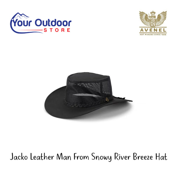 Jacko Leather Man From Snowy River Breeze Hat Image Showing All Logos Or Titles.