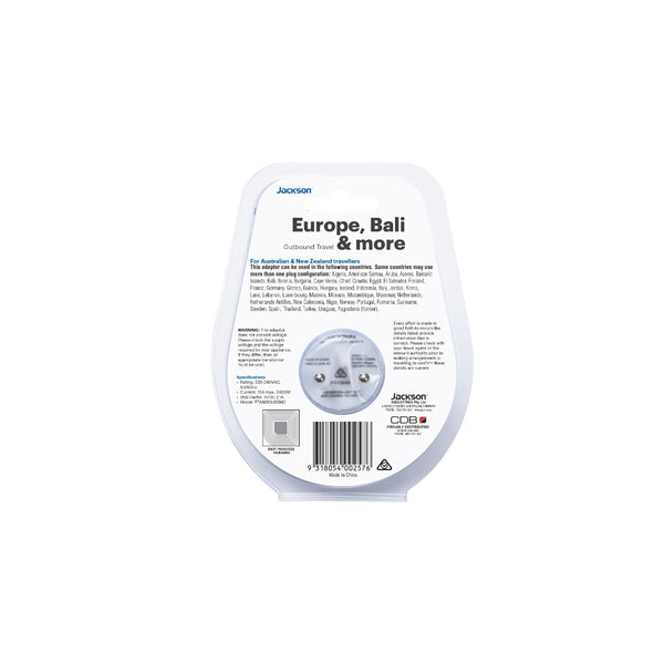 Jackson Outbound Slim USB-A & C Travel Adaptor - EU & Bali | Image Showing Back View.