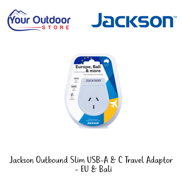 Jackson Outbound Slim USB-A & C Travel Adaptor - EU & Bali | Hero Image Showing All Logos And Titles.
