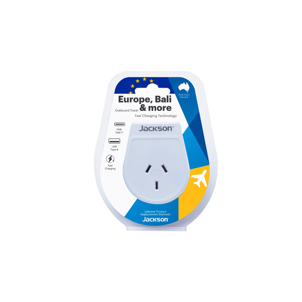 Jackson Outbound Slim USB-A & C Travel Adaptor - EU & Bali | Image Showing No Logos Or Titles.