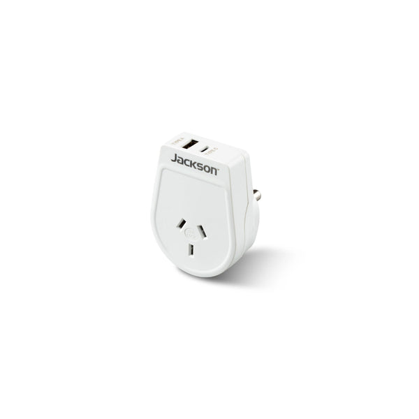 Jackson Outboard Slim USB A & USDB C Travel Adaptor, South Africa | Image Showing Front View, Out Of Packaging.