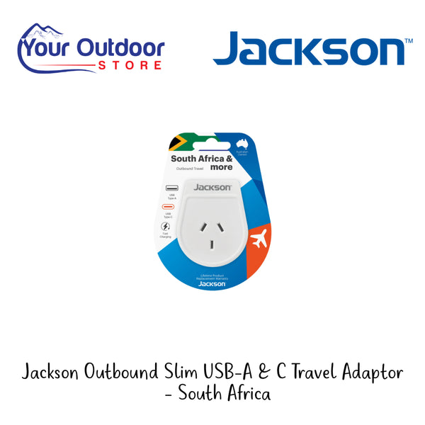 Jackson Outboard Slim USB A & USDB C Travel Adaptor, South Africa | Hero Image Showing All Logos And Titles.